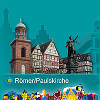 Ausschnitt des Römers und der Paulskirche vor grünem Hintergrund.