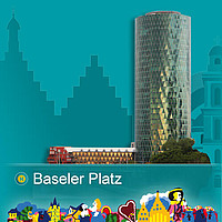 Ausschnitt des Hochhauses und der Häuserreihe am Baseler Platz vor grünem Hintergrund.